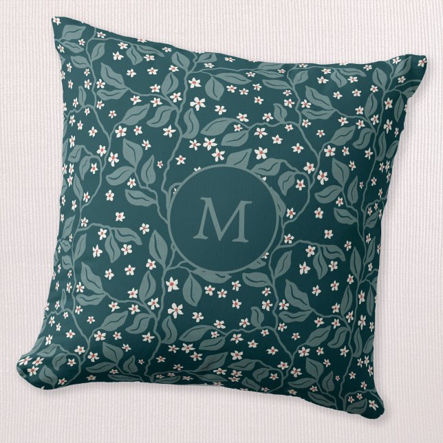 Appelbloesemtakken Botanisch Groen Monogram Kussen (Apple blossom trailing branches dark teal green monogram initial personalized throw pillow)