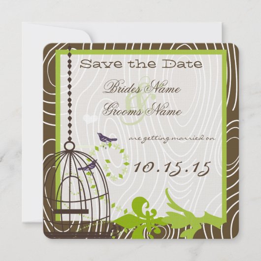 Appelgroen grillige houtnerf vogelkooi bruiloft kaart (Voorkant)