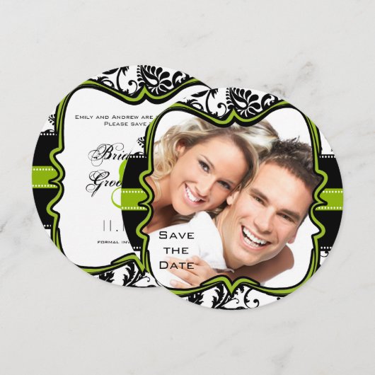 Appelgroene Damast Spiraal Bruiloft Save the Date (Voorkant / Achterkant)