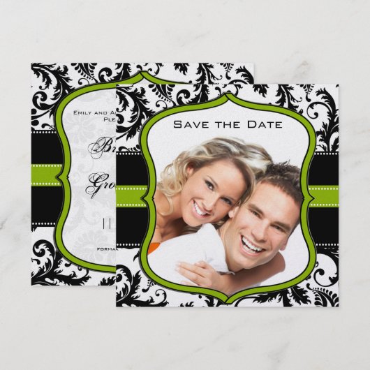 Appelgroene damasten kronkelende lijnen Huwelijk ' Save The Date (Voorkant / Achterkant)