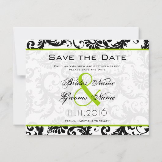 Appelgroene damasten kronkelende wedding uitnodigi save the date (Voorkant)