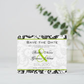Appelgroene damasten kronkelende wedding uitnodigi save the date (Staand voorkant)