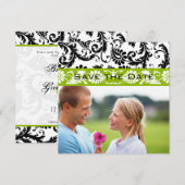 Appelgroene damasten wervelingen huwelijksaankondi save the date (Voorkant / Achterkant)