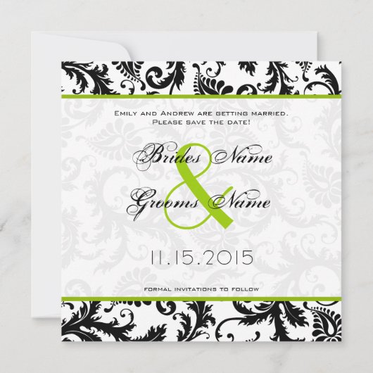 Appelgroene damasten wervelingen huwelijksaankondi save the date (Achterkant)