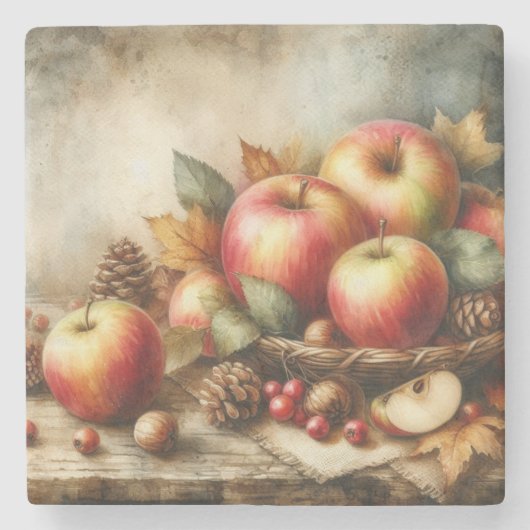 Appelmand op tafel  waterverf stenen onderzetter (Voorkant)