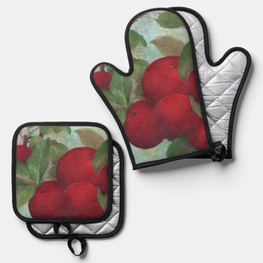 Appeloogst, rood en groen ovenwant & pannenlap set (Voorkant / Achterkant)