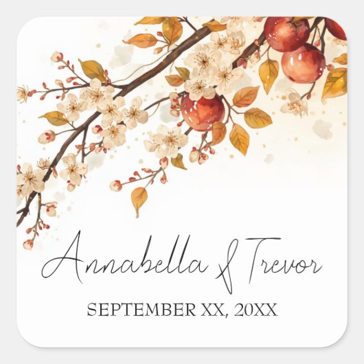Appels en Bloesems Herfst Bruiloft Aangepaste Naam Vierkante Sticker (Voorkant)