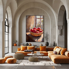 Appels in mand door zonovergoten raam - Impression Poster