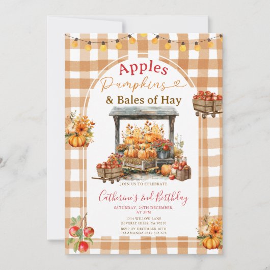 Appels Pompoenen en Balen van Hay Birthday Gingham Kaart (Voorkant)