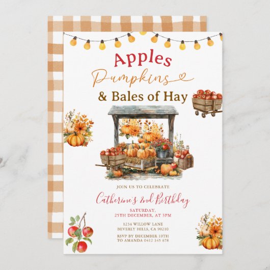 Appels pompoenen en balen van hooi verjaardag herf kaart (Voorkant / Achterkant)