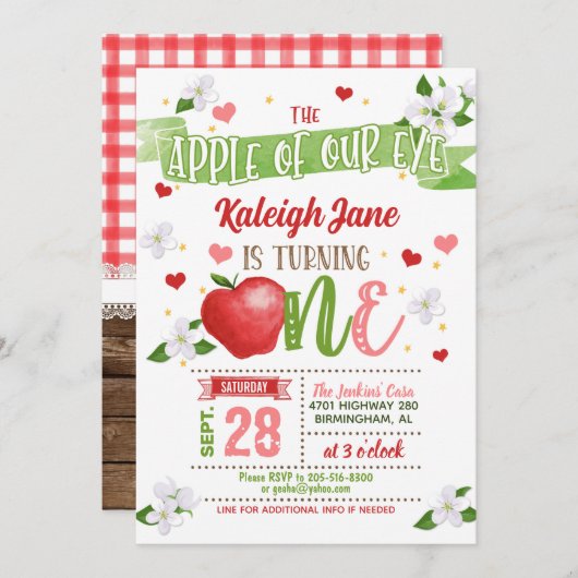 Apple 1e verjaardag Uitnodiging - Apple of Our Eye (Voorkant / Achterkant)