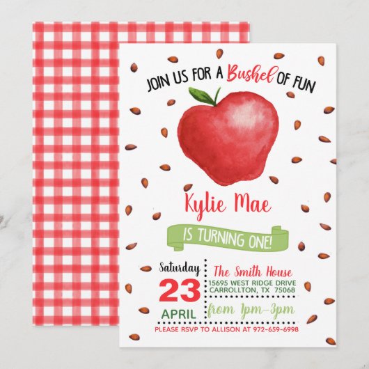 Apple 1st Birthday Invitation - Bushel of Fun Kaart (Voorkant / Achterkant)