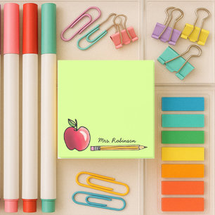 Apple and Pencil Personalized Teacher Green 3 x 3 Post-it® Notes