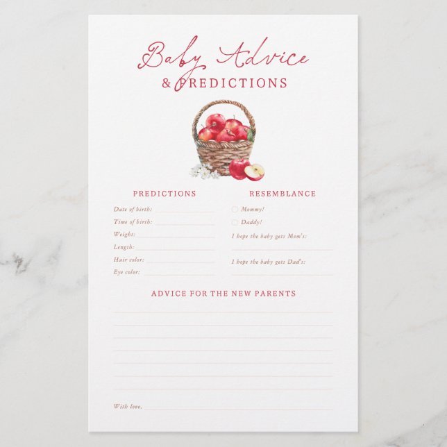 Apple Baby Shower Voorspellingen & Advies Spel (Voorkant)