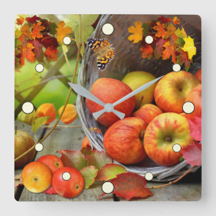 Apple Basket Autumn Scene Vierkante Klok