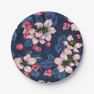 Apple bloesem op een donkerblauw papieren bordje