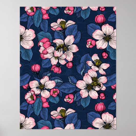 Apple bloesem op een donkerblauw poster (Voorkant)