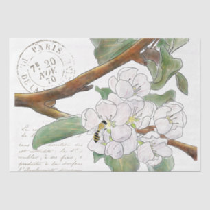 Apple Blossom Branch Bee French Script Decoupage Tissuepapier