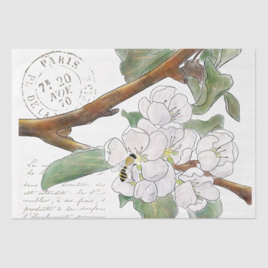 Apple Blossom Branch Bee French Script Decoupage Tissuepapier (Voorkant)