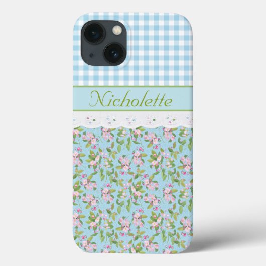 Apple Blossom Floral, Blue Check Gingham and Lace Case-Mate iPhone Case (Achterkant)
