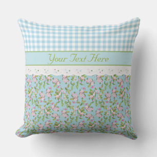 Apple Blossom Floral, Blue Check Gingham and Lace Kussen
