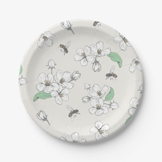 Apple Blossom Honey Bee Ivory White Papieren Bordje (Voorkant)