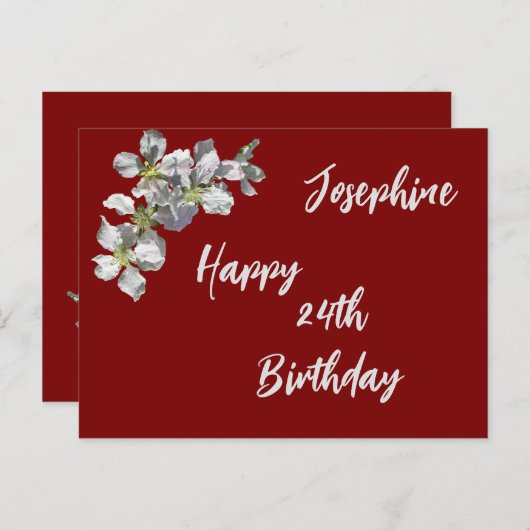 Apple Blossom on Deep Red Named and Aged Birthday Briefkaart (Voorkant / Achterkant)