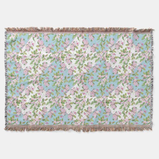 Apple Blossom op Sky Blue en White Faux Patchwork Deken (Voorkant)