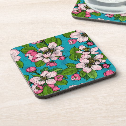 Apple blossom op turquoise bier onderzetter (Linkerzijde)