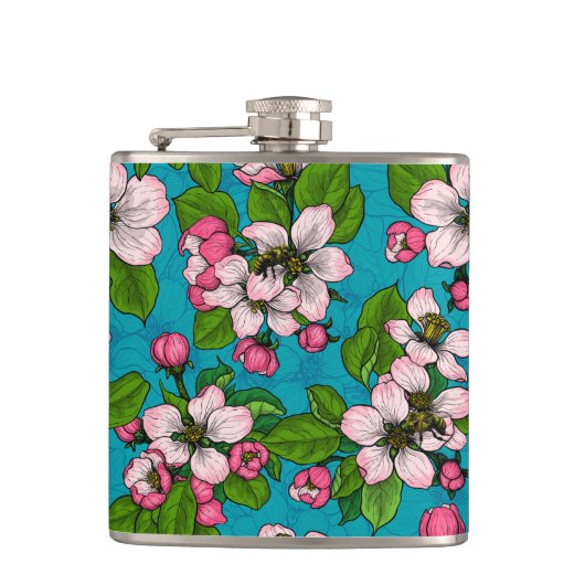 Apple blossom op turquoise heupfles (Voorkant)