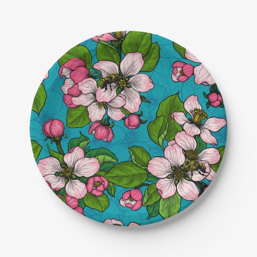 Apple blossom op turquoise papieren bordje (Voorkant)
