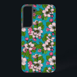 Apple blossom op turquoise samsung galaxy hoesje<br><div class="desc">Met de hand getrokken appelbloesems en bijen op de achtergrond van turquoise</div>