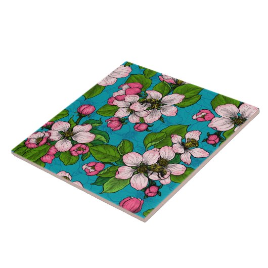 Apple blossom op turquoise tegeltje (Zijkant)