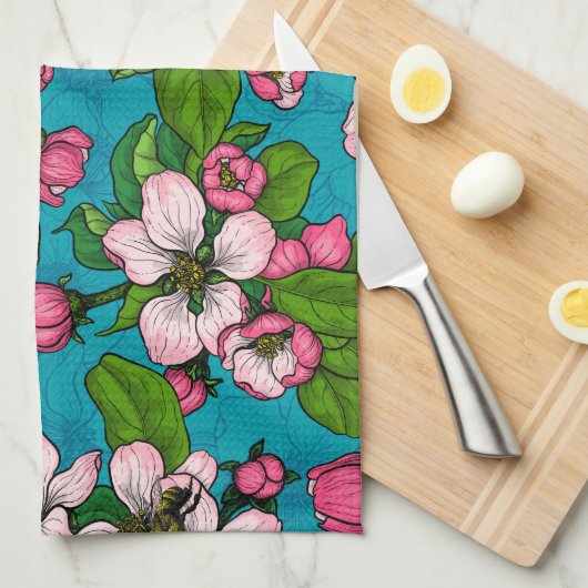 Apple blossom op turquoise theedoek (Quarter Fold)