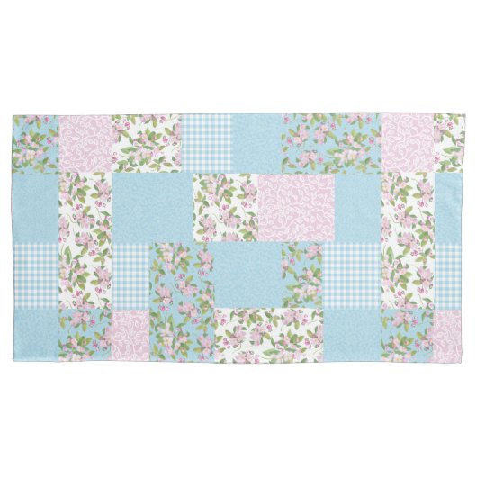 Apple Blossom Pink Blue Faux Patchwork Kussensloop (Voorkant-Links)