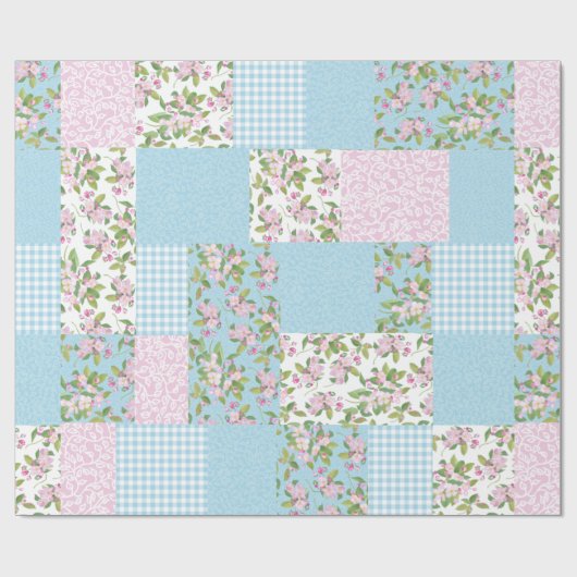 Apple Blossom Pink, Blue, Green Faux Patchwork Cadeaupapier (Vlak)