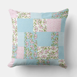Apple Blossom Pink en Blue Floral Faux Patchwork Kussen