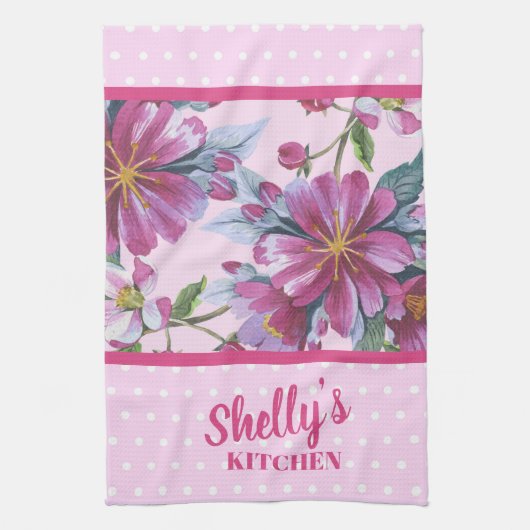 Apple Blossoms and Pink Polka Dots Kitchen Towel Theedoek (Verticaal)