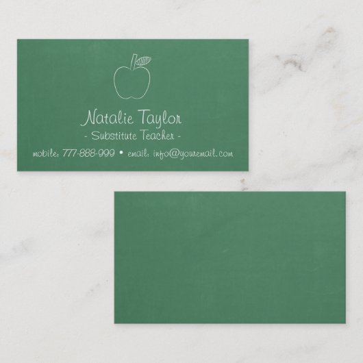Apple Doodle Green Chalkboard Substituut leraar Visitekaartje (Voorkant / Achterkant)