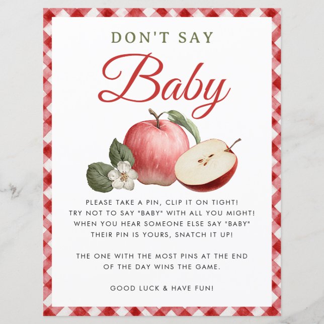 Apple en Gingham Baby shower zeggen geen Baby-game (Voorkant)
