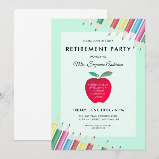 Apple en Pencils | Teacher Retirement Party Kaart (Voorkant / Achterkant)