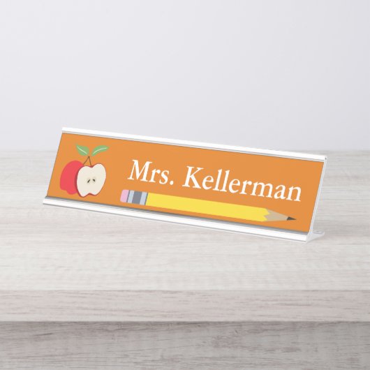 Apple en Potlood Docent Naam Sinaasappel Bureau Naambordje (Voorkant)