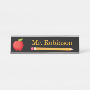 Apple en potlood leraar Zwart Modern Bureau Naambordje
