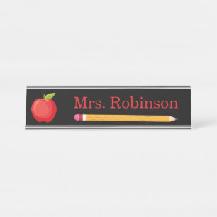 Apple en potlood leraar Zwart Modern Bureau Naambordje
