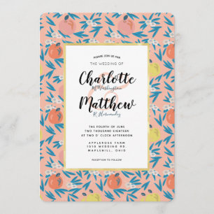 Apple Floral Coral Pink Navy Wedding Uitnodiging