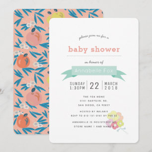 Apple Floral Pink Navy Baby shower Invitation Kaart