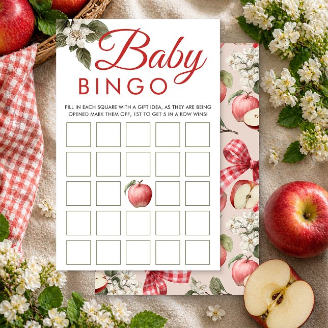 Apple & Gingham Baby Shower Bingo Spelkaarten (Baby Bingo Game Card)