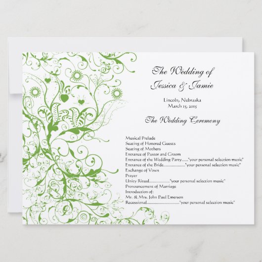 Apple Green Birds Swirl Wedding Order of Service Kaart (Voorkant)
