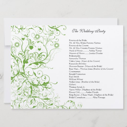 Apple Green Birds Swirl Wedding Order of Service Kaart (Achterkant)