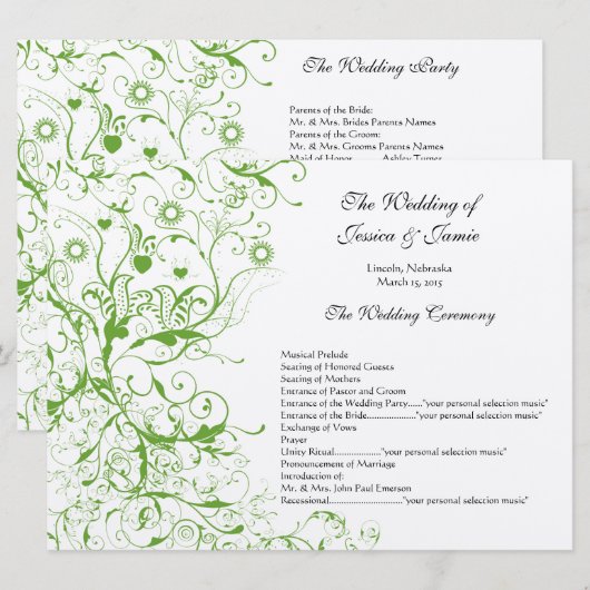 Apple Green Birds Swirl Wedding Order of Service Kaart (Voorkant / Achterkant)